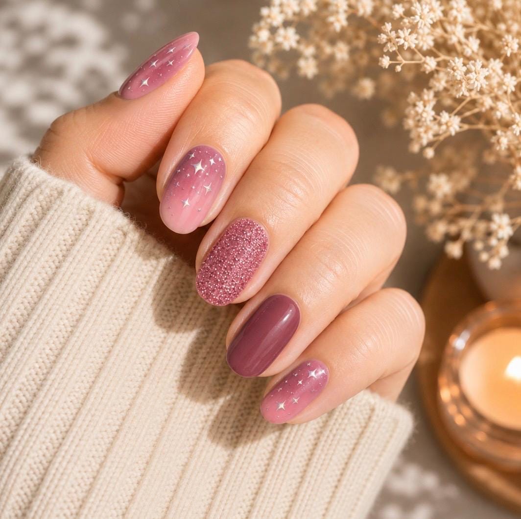 Starry Mauve and Burgundy Sparkle  Nail Polish Strips: Non-Toxic Nail Art