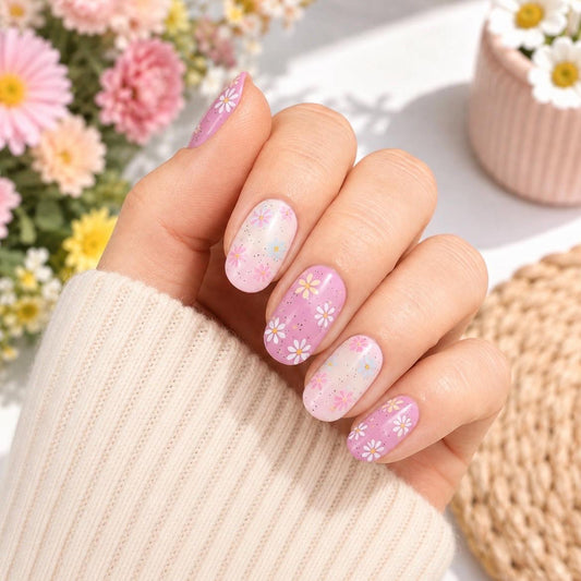 Pastel Daisy Bloom Nail Polish Strips: Non-toxic Floral Nail Wraps