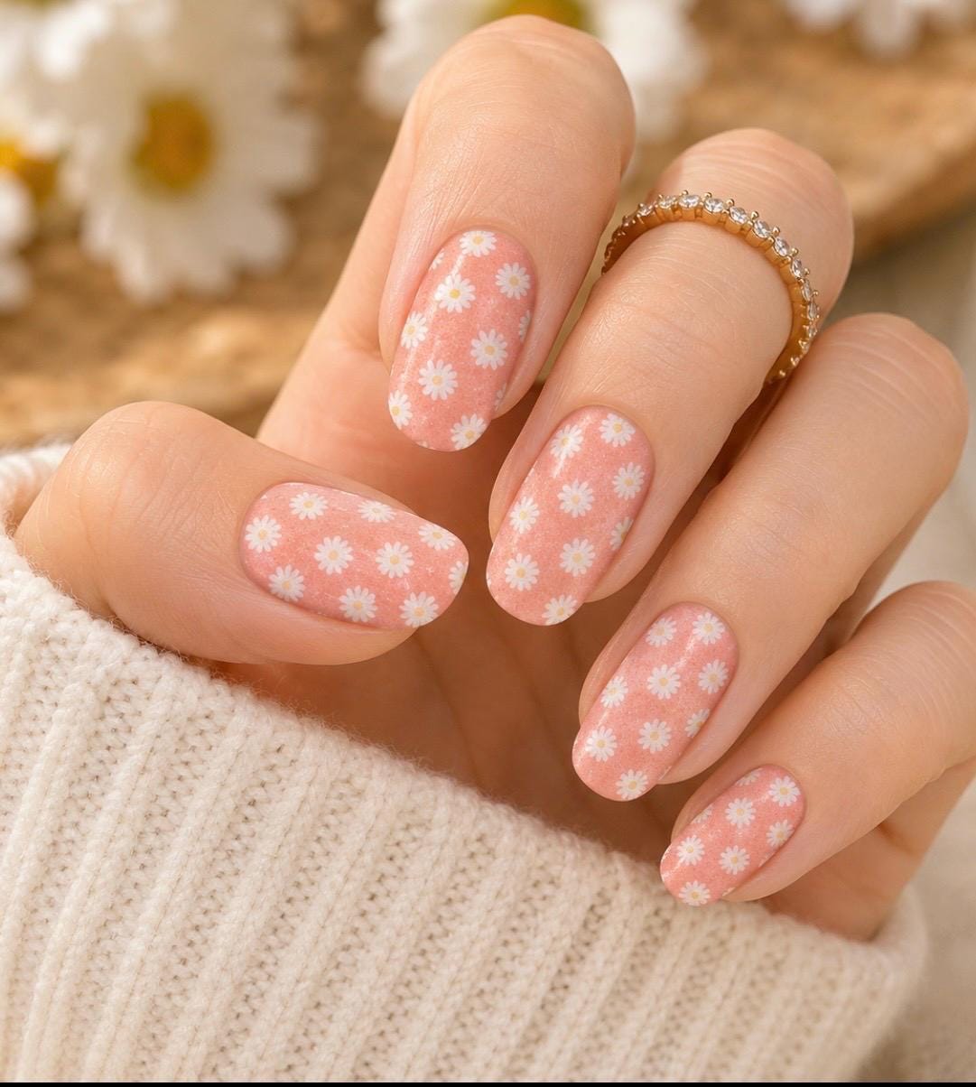 Daisy Delight Nail Polish Strips: Wider Nail Sizes, Easy to Apply- Non-Toxic Floral Nail Stickers