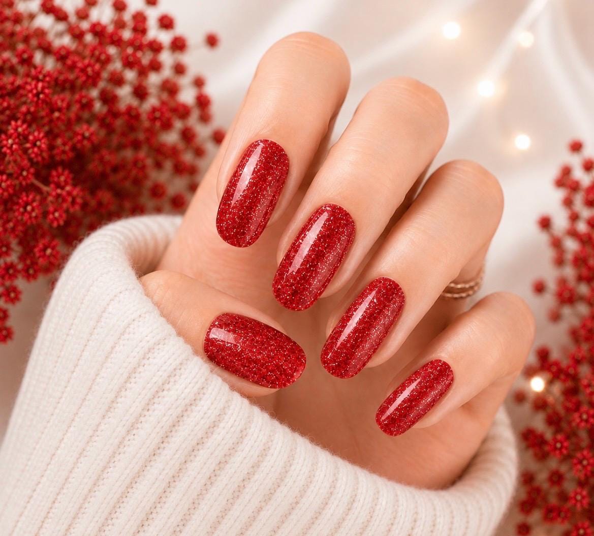 Red Glitter Nail Polish Strips, Non-Toxic Nail Stickers