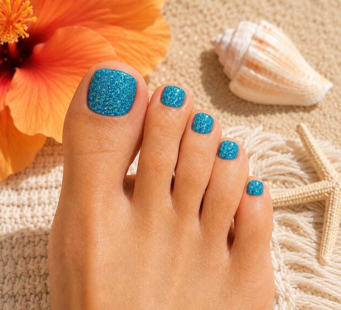 Blue Lagoon Glitter - Toe Nail Polish Strips: Non-Toxic Nail Wraps