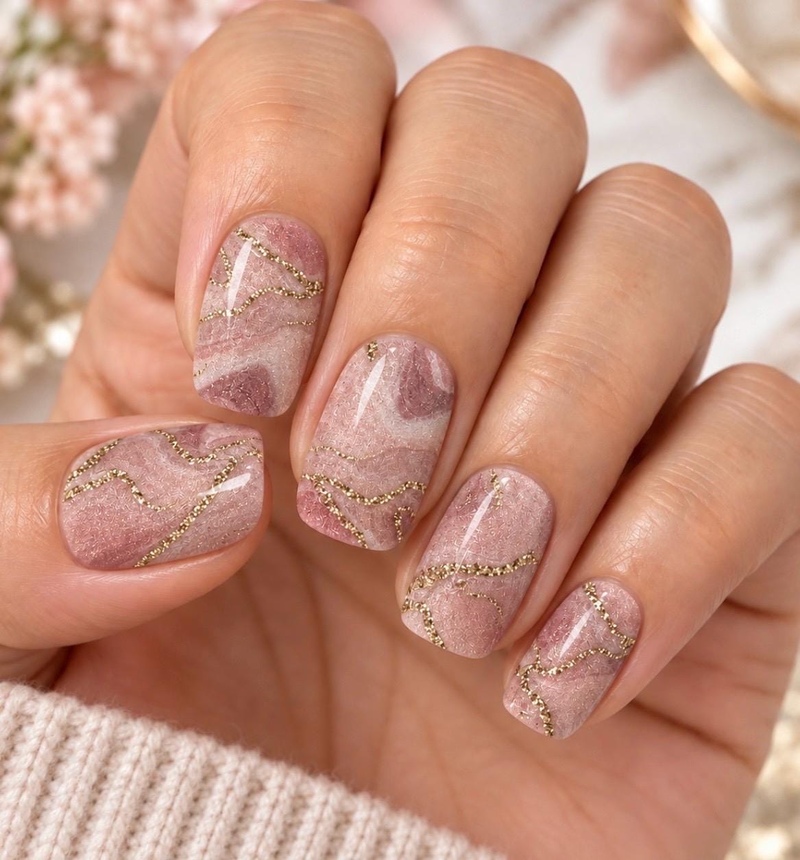 Dusty Rose Marble WIDE Nail Wraps Gold Glitter Vein