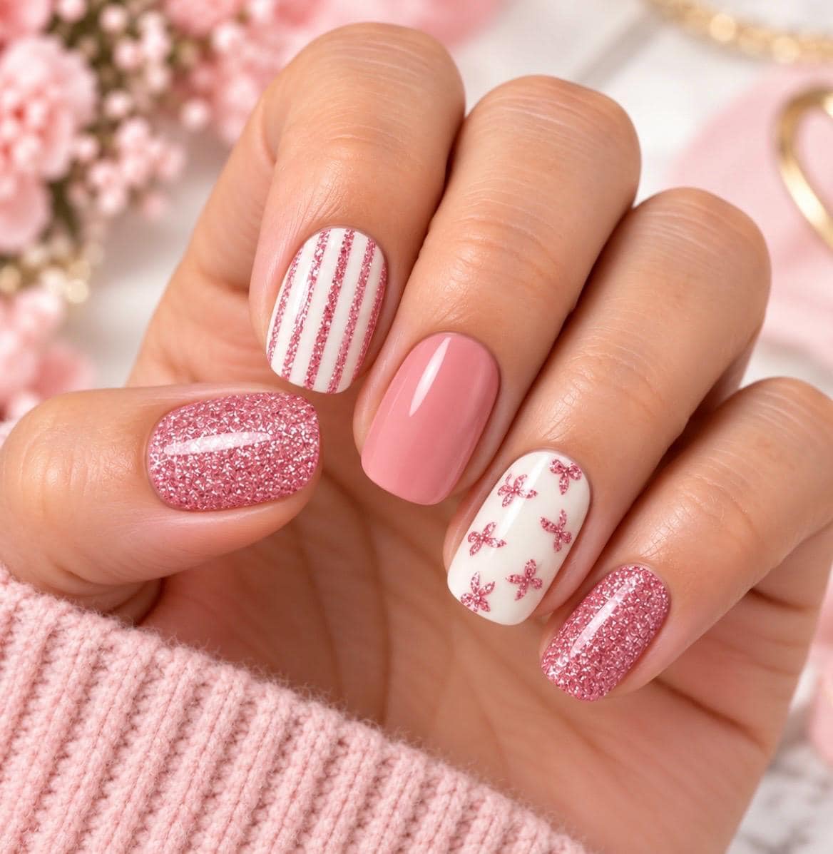 Breast Cancer Awareness Nail Polish Strips: Glitter Ribbon Nail Stickers