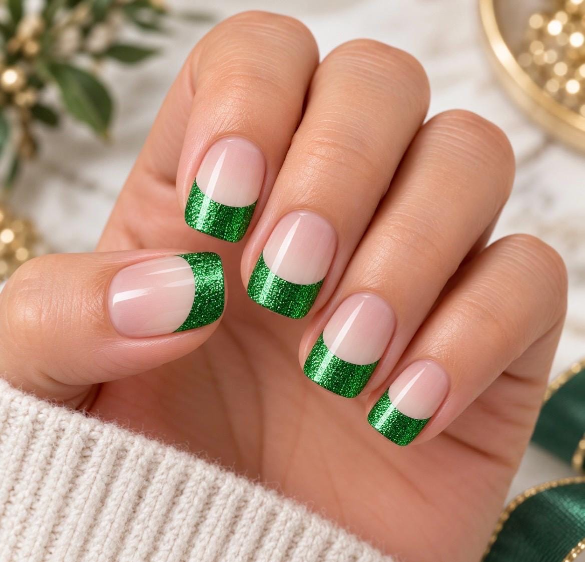 Green Shimmer French Manicure Nail Polish Strips