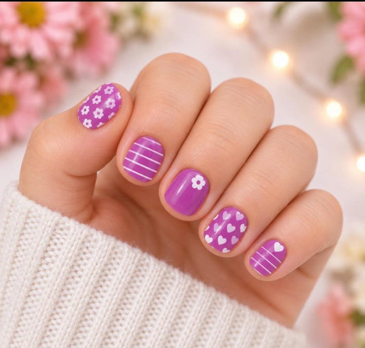 KIDS Nail Wraps- Purple Flowers and Hearts