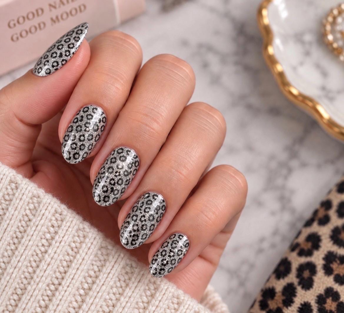 Leopard Print Silver Shimmer Nail Polish Strips - Non-Toxic
