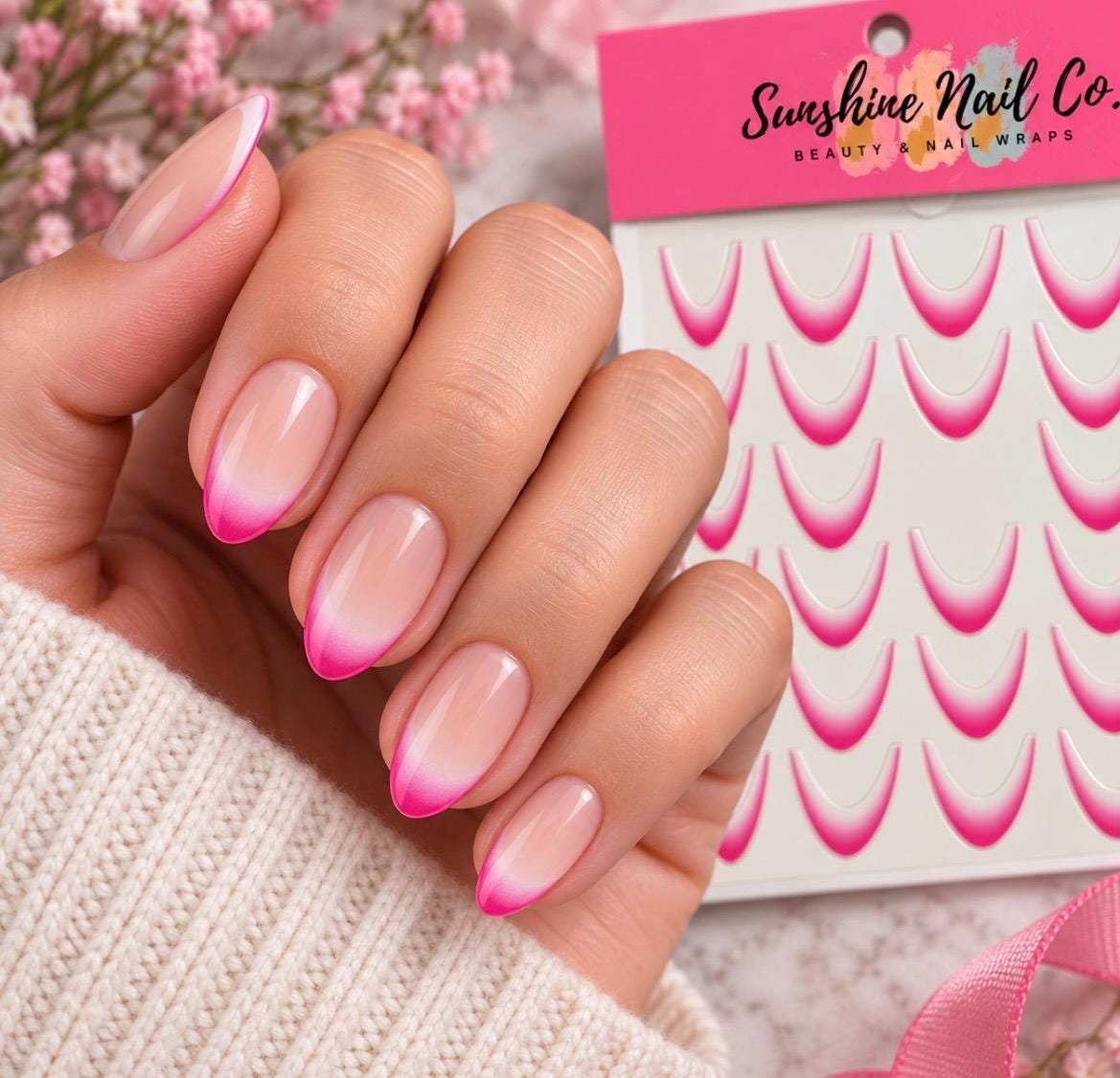 Pink Glow French TIPS ONLY - 3-D Nail decals- easy to apply nail stickers
